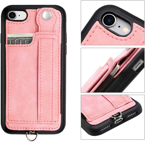 TOOVREN iPhone SE/7/8 Case, Pink Leather Wallet with Card Holder, Kickstand, Neck Strap, Adjustable Hand Strap, Wireless Charging Compatible...